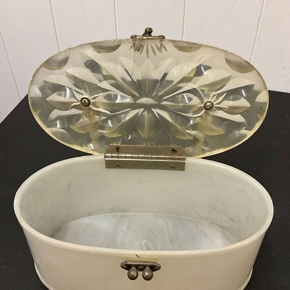 Vintage 1950s Lucite Marbleized Pearl Top Handle Purse Round Box Makeup Containe - Picture 9 of 14